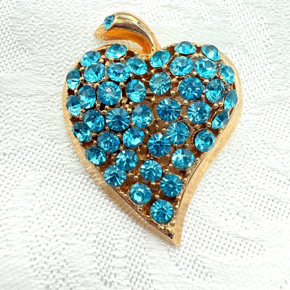 Vintage Gold Tone Blue Crystal Rhinestone Statement Heart or Fruit Loom Brooch